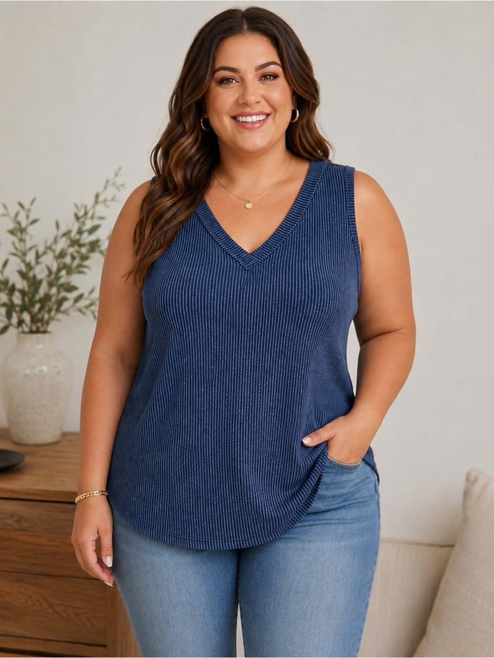 NWT Andrée by Unit 1X Blue Ribbed V-Neck Sleeveless Top Stretch Knit Plus